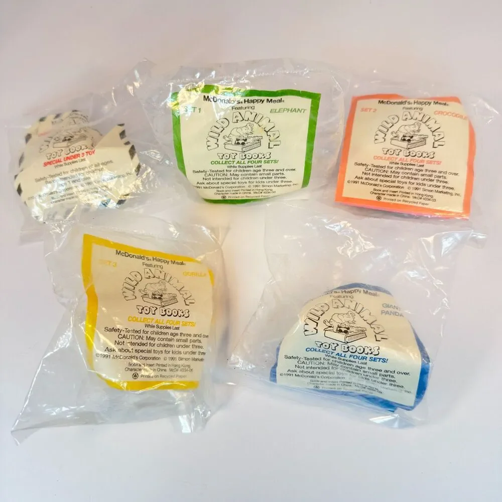 1991 McDonalds Complete Set of 4 + 1U3 Wild Animal Toy Books Happy Meal Toys 90s